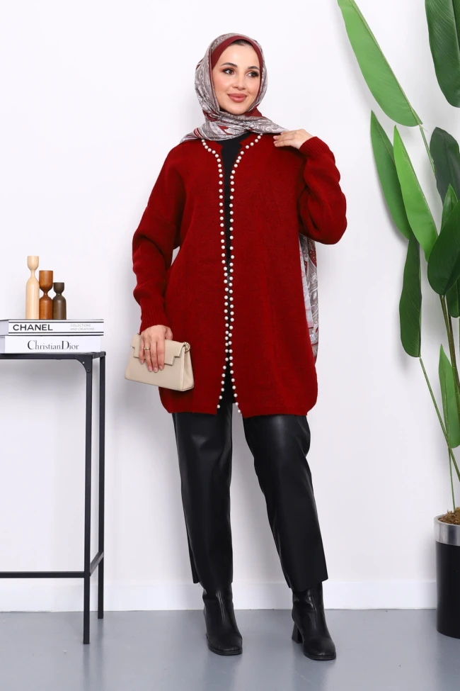 Bordo Yumoş Triko İncili Hırka