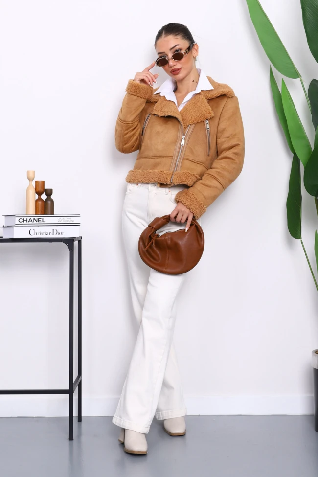 Camel Peluş Kısa Süet Mont