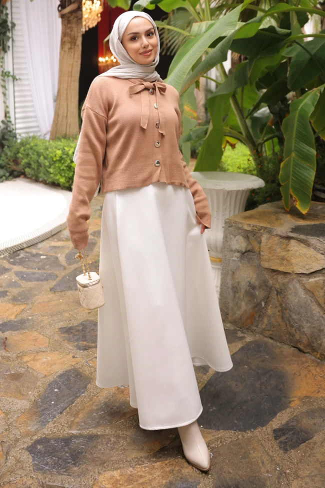 Ekru Bel Lastikli Scuba Puf Etek