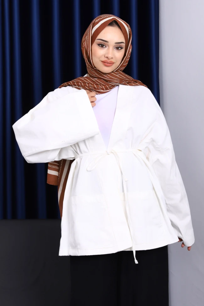 Ekru Cepli İp Detaylı Kanvas Ceket