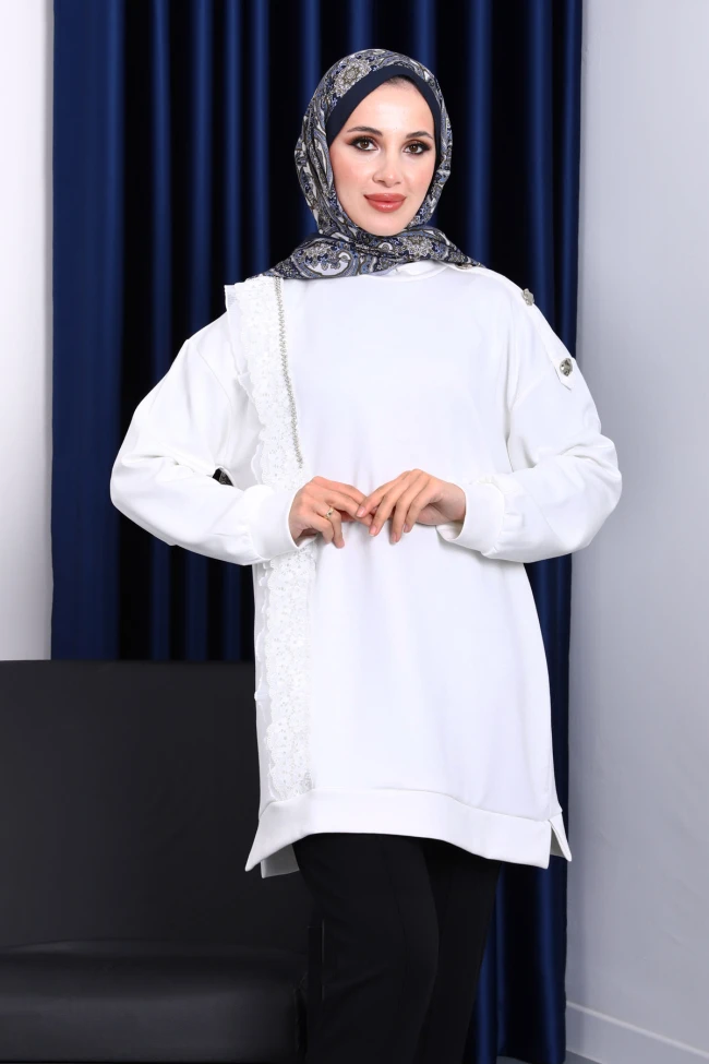 Ekru Dik Yaka Tül İşlemeli Tunik