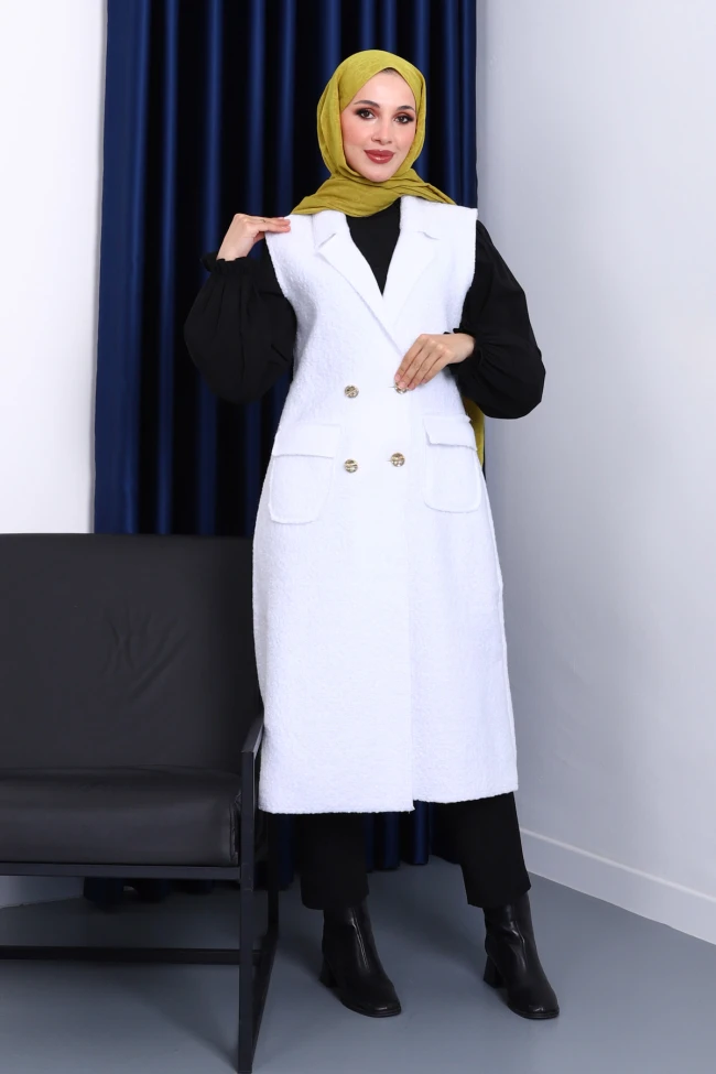 Ekru Düğmeli Uzun Buklet Yelek