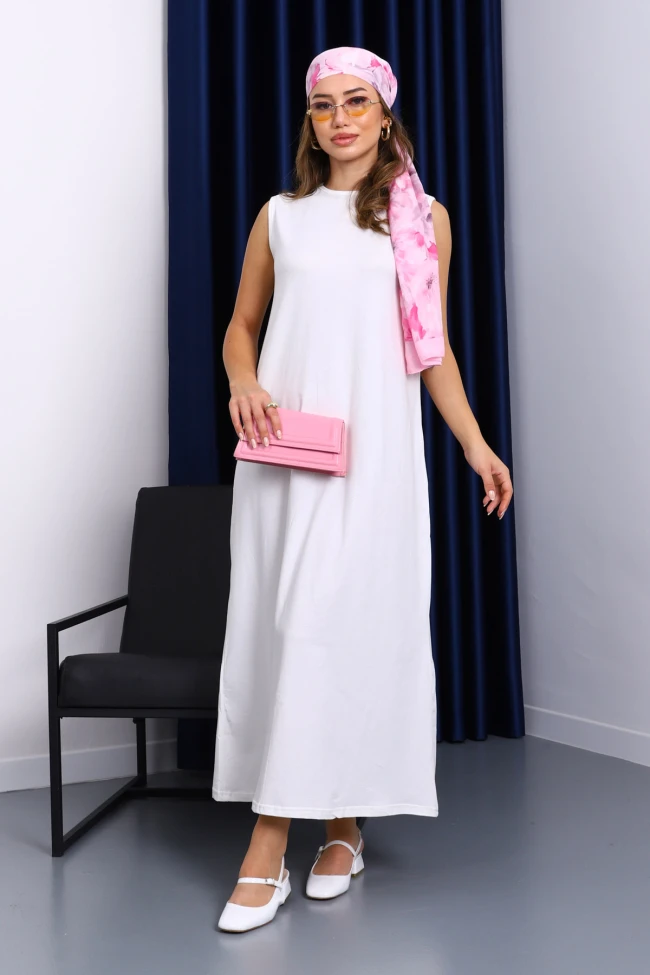 Ekru Sıfır Kol Penye Tesettür İçlik Elbise