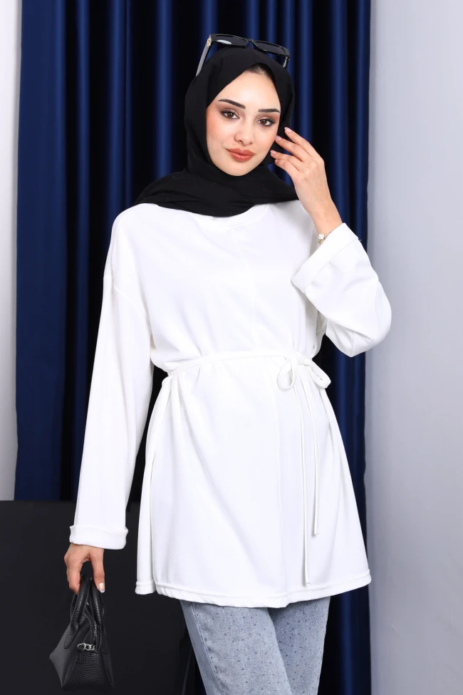 Ekru Yanları Yırtmaçlı Bel İpli Tunik