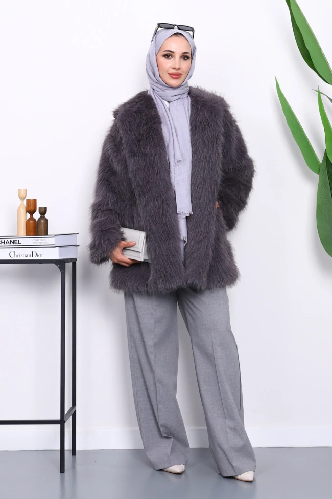 Füme Astarlı Kısa Kürk Kaban