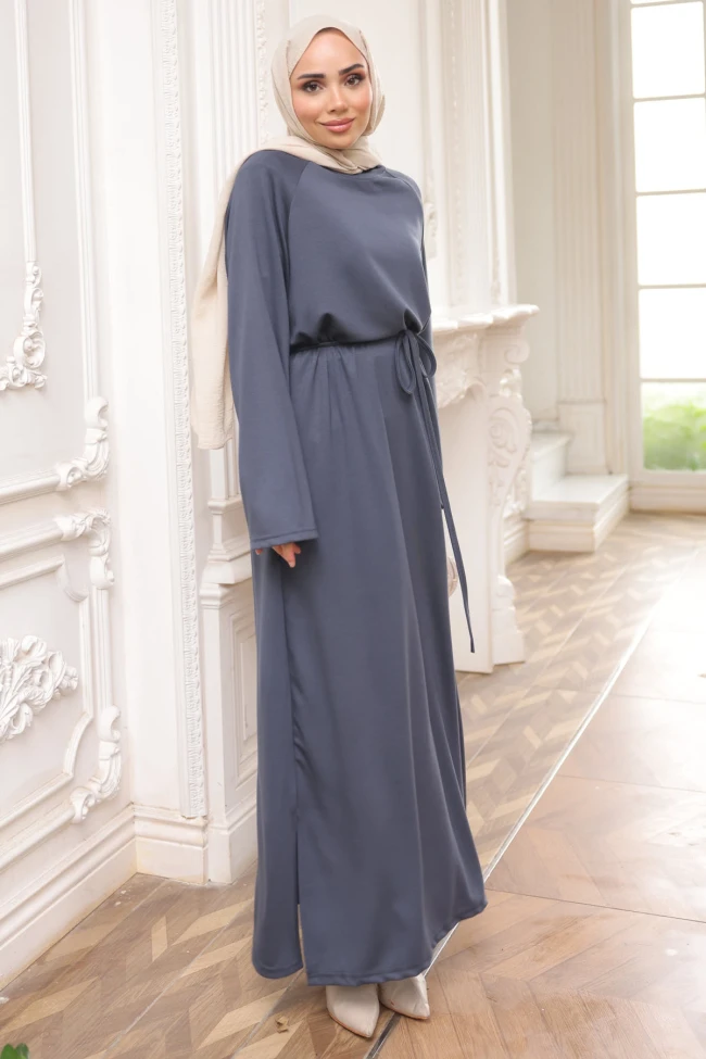 Füme Bisiklet Yaka Bel Kuşaklı Elbise