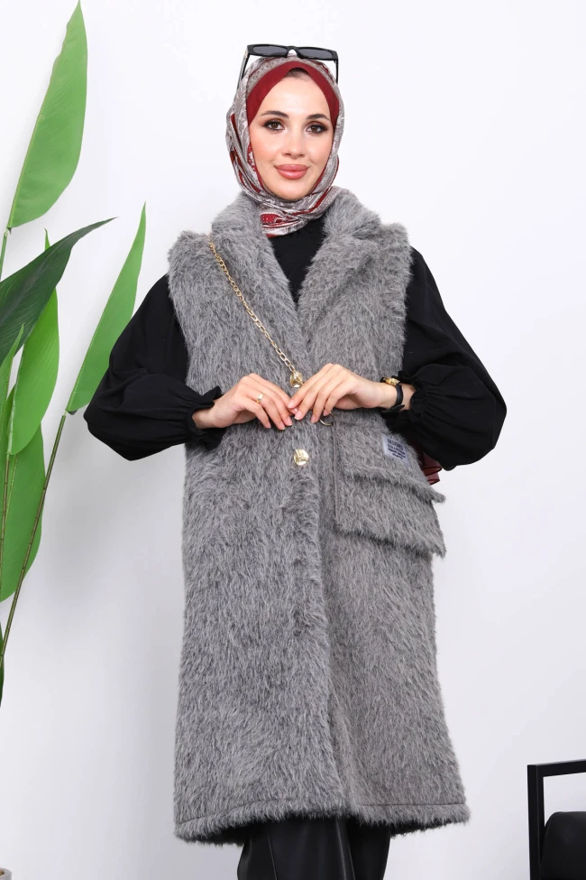 Füme Çanta Detaylı Angora Yelek