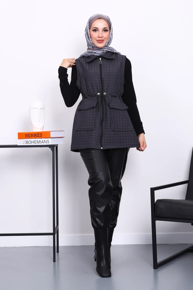 Füme Fermuarlı Kapitone Yelek