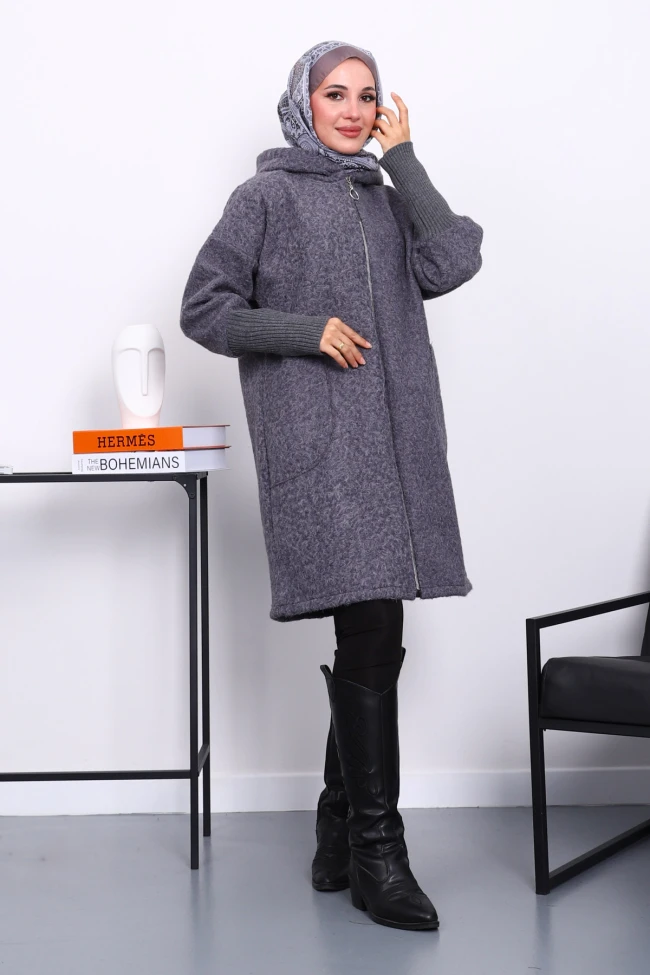 Füme Fermuarlı Yün Kaşe Kaban