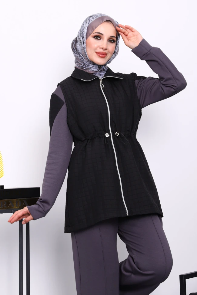 Füme Kapitone Yelekli Tunik Pantolonlu Takım