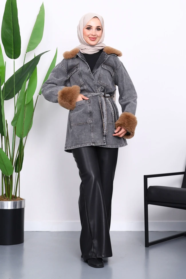 Füme Kol Yaka Kürklü Kot Ceket