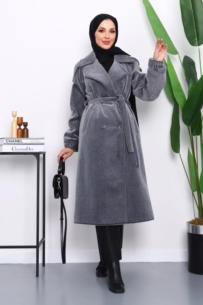 Füme Kruvaze Yaka Kuşaklı Angora Kaban