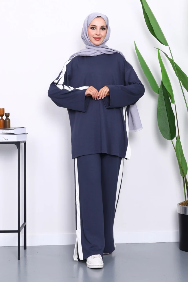 Füme Renk Bloklu Tunik Pantolonlu Takım