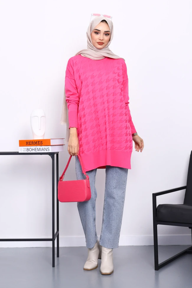 Fuşya Kazayağı Desenli Soğuk İplik Triko Tunik