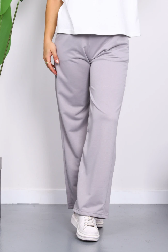 Gri Bel Lastikli İki İplik Palazzo Eşofman Alt