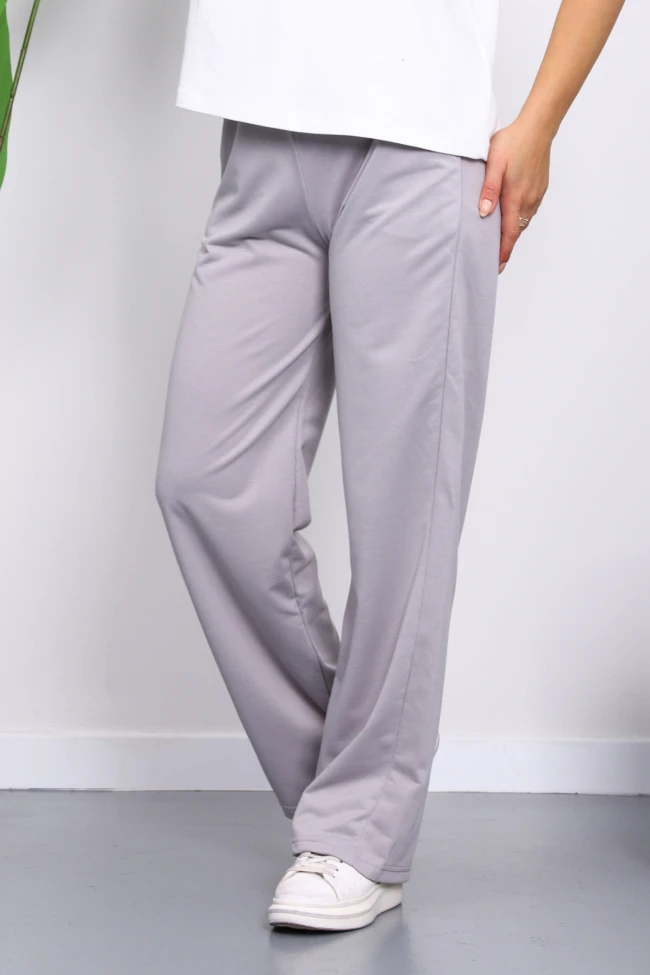 Gri Bel Lastikli İki İplik Palazzo Eşofman Alt