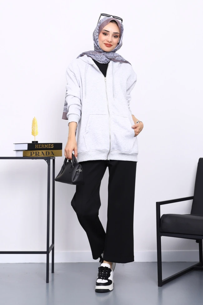 Gri Cepli Fermuarlı Üç İplik Kapşonlu Sweat