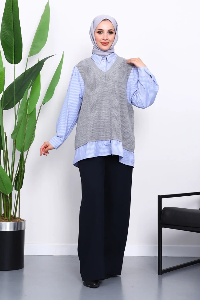 Gri Triko Garnili Gömlek