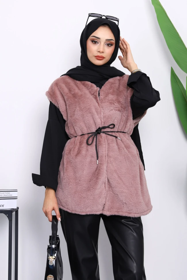 Gül Kurusu Cepli Peluş Kürk Yelek