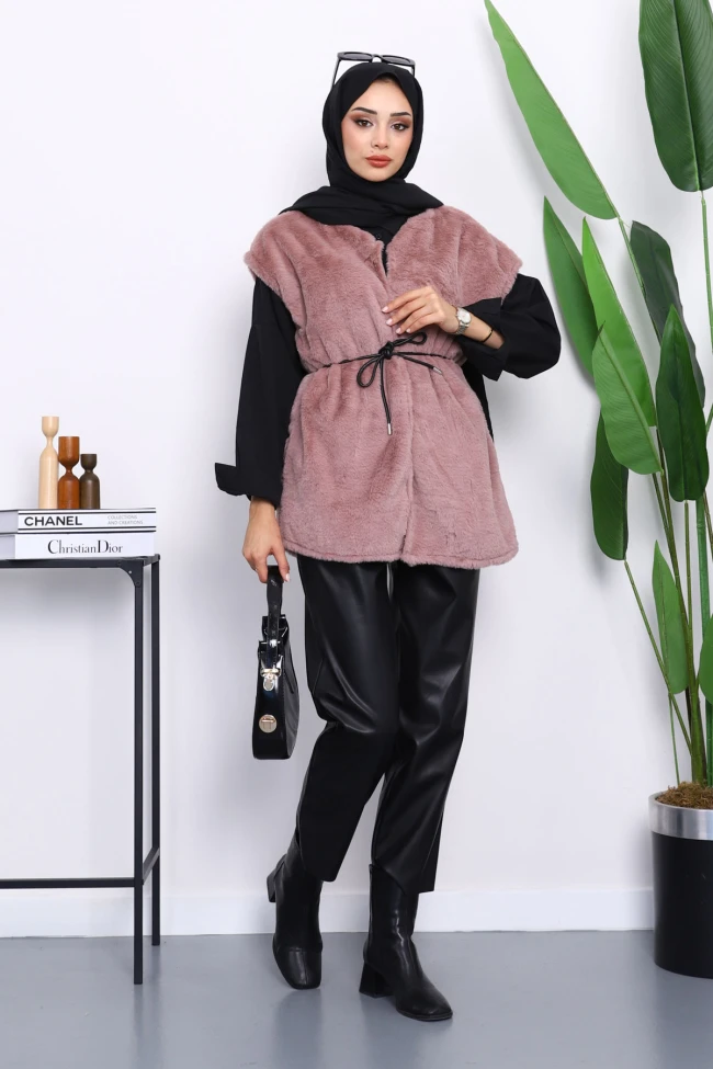 Gül Kurusu Cepli Peluş Kürk Yelek