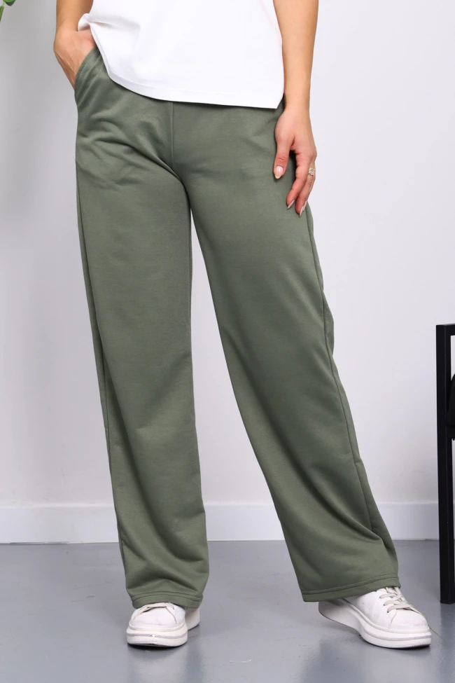 Haki Bel Lastikli İki İplik Palazzo Eşofman Alt