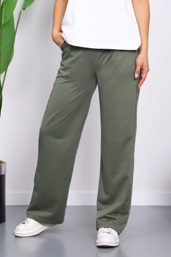 Haki Bel Lastikli İki İplik Palazzo Eşofman Alt