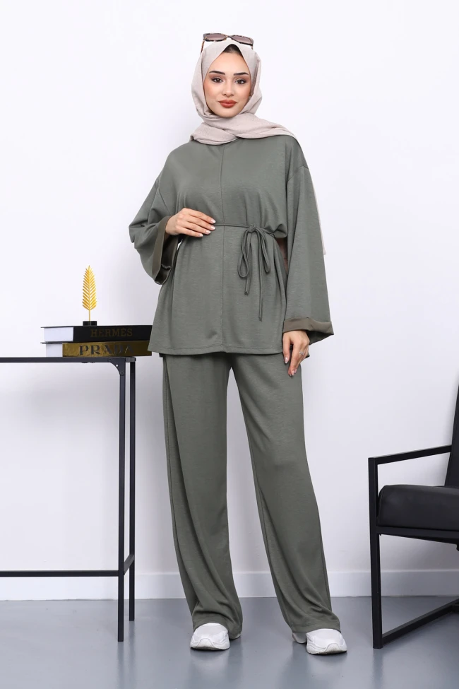 Haki Belden Bağlamalı Pantolon Cepli Modal Takım
