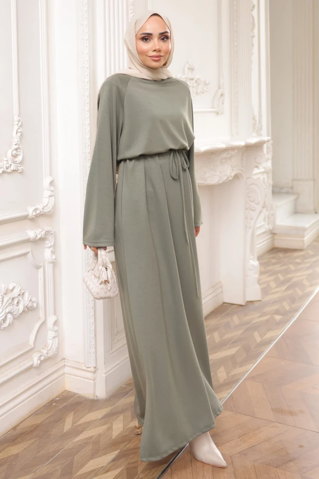 Haki Bisiklet Yaka Bel Kuşaklı Elbise