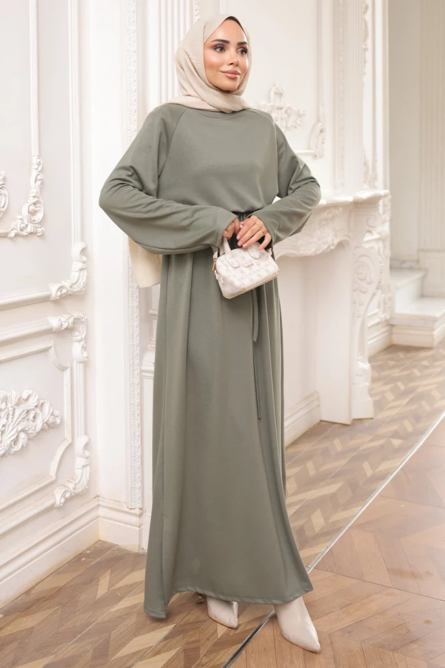 Haki Bisiklet Yaka Bel Kuşaklı Elbise