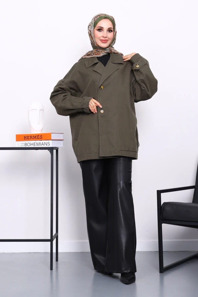 Haki Düğmeli Oversize Kanvas Ceket