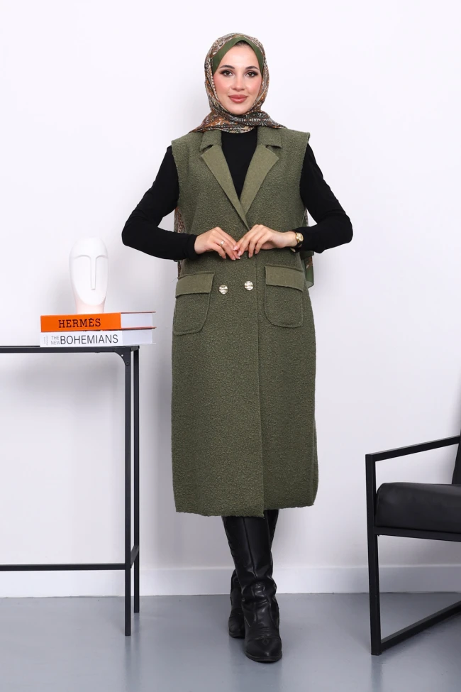 Haki Düğmeli Uzun Buklet Yelek