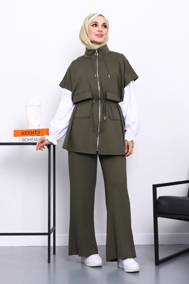 Haki Fermuarlı Yelek Pantolonlu Modal Takım