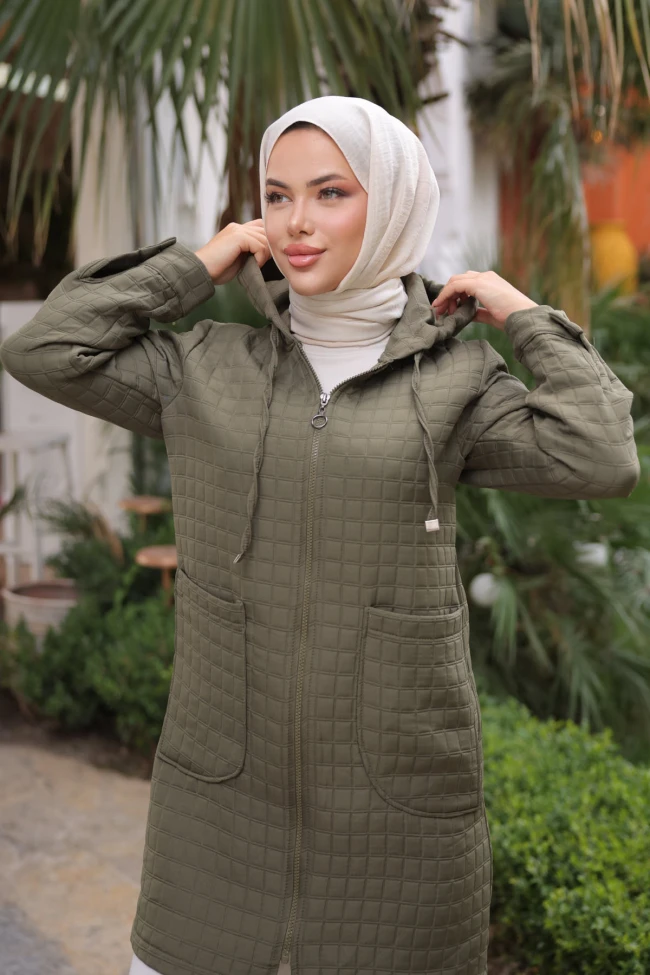 Haki Kapitone Fermuarlı Cepli Kap