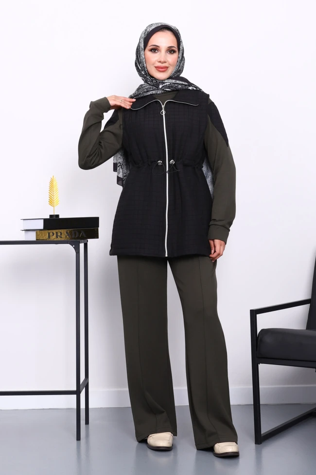 Haki Kapitone Yelekli Tunik Pantolonlu Takım