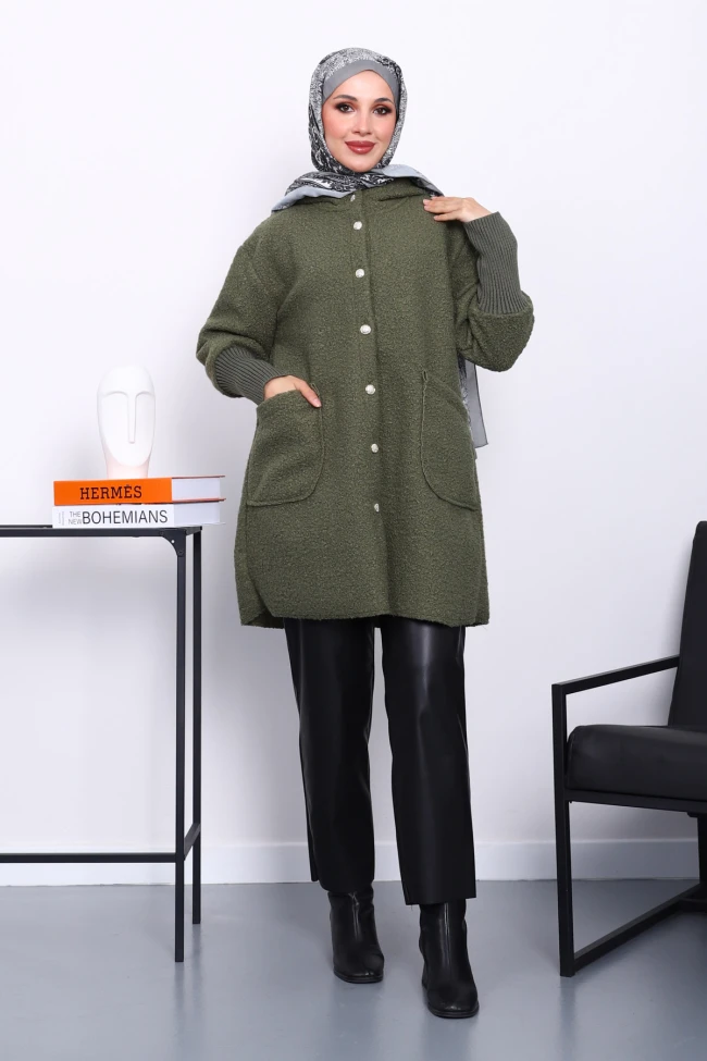 Haki Kapşonlu Buklet Kaban