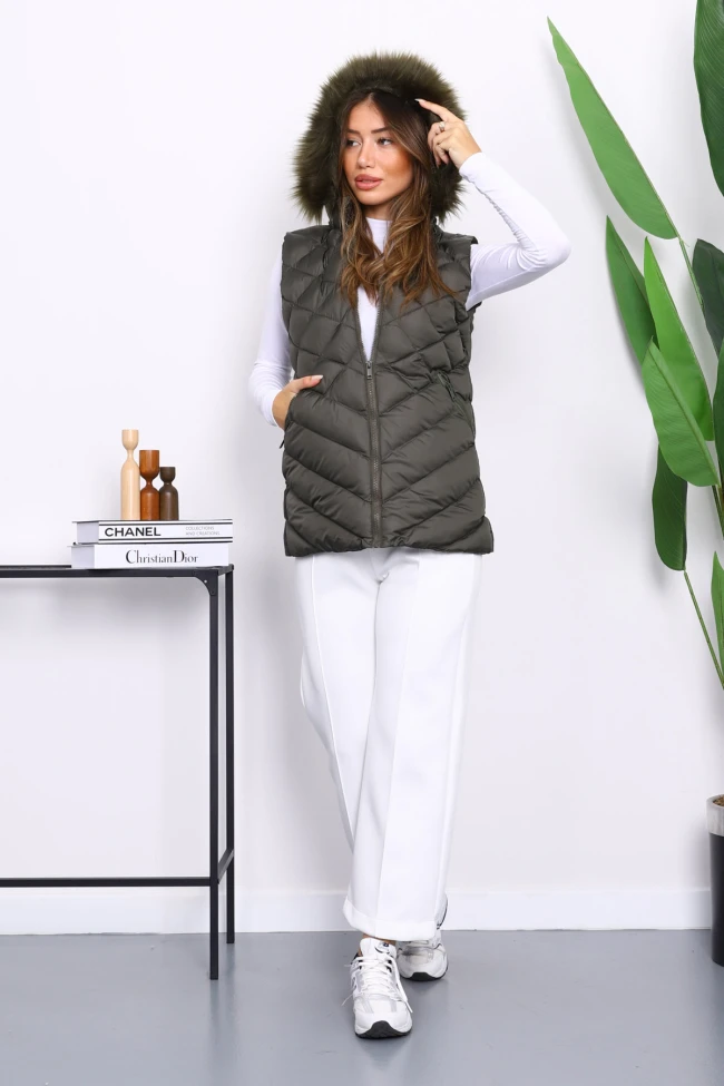 Haki Kapüşonlu Cepli Şişme Yelek