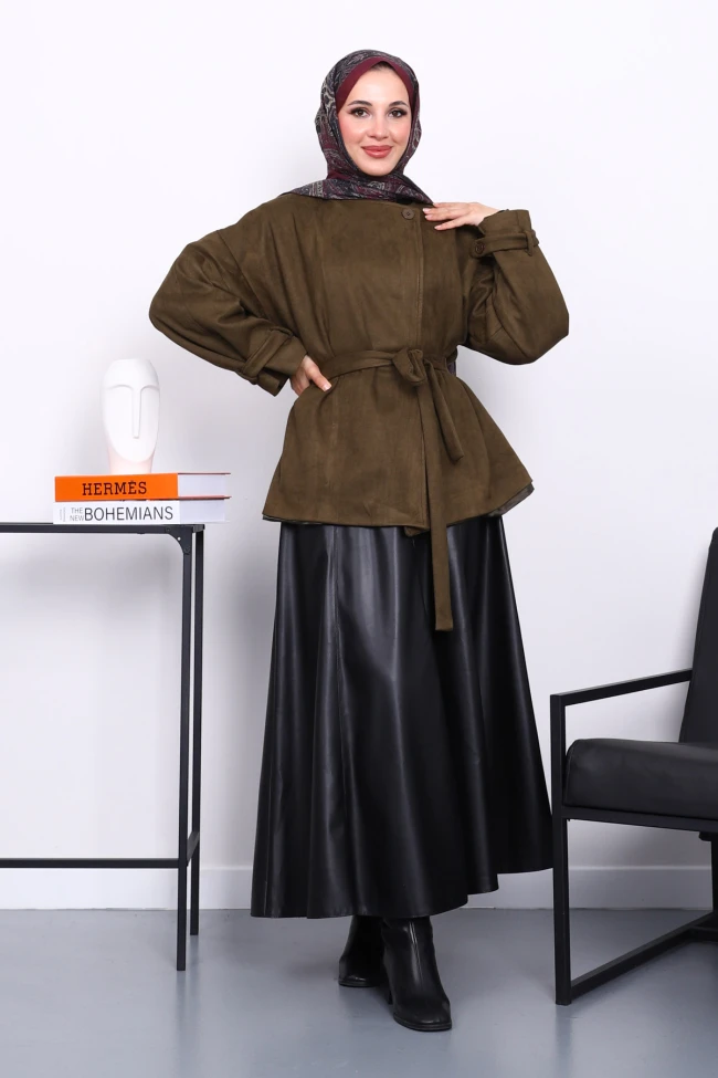 Haki Kol Apoletli Astarlı Süet Ceket