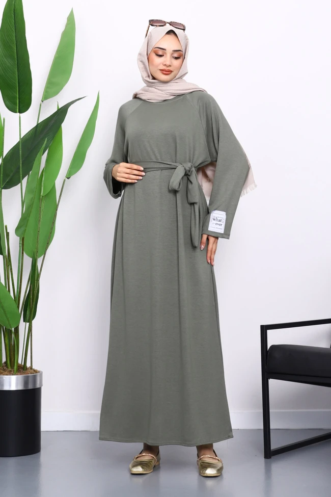 Haki Kolu Armalı Reglan Kol Basic Modal Kuşaklı Elbise