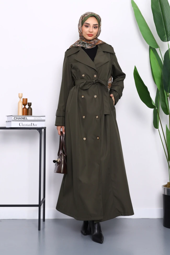 Haki Kruvaze Yaka Apoletli Uzun Trençkot