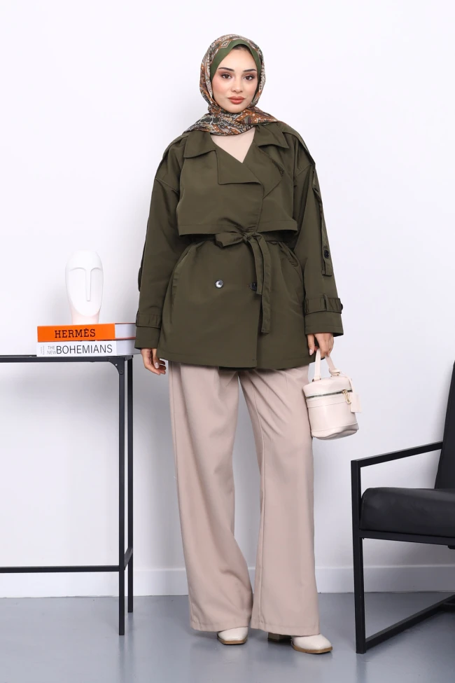 Haki Kruvaze Yaka Astarlı Kısa Trençkot