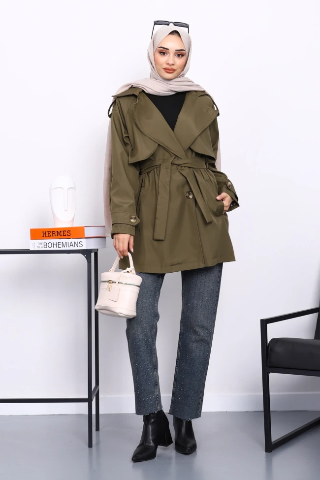 Haki Kruvaze Yaka Astarlı Trençkot