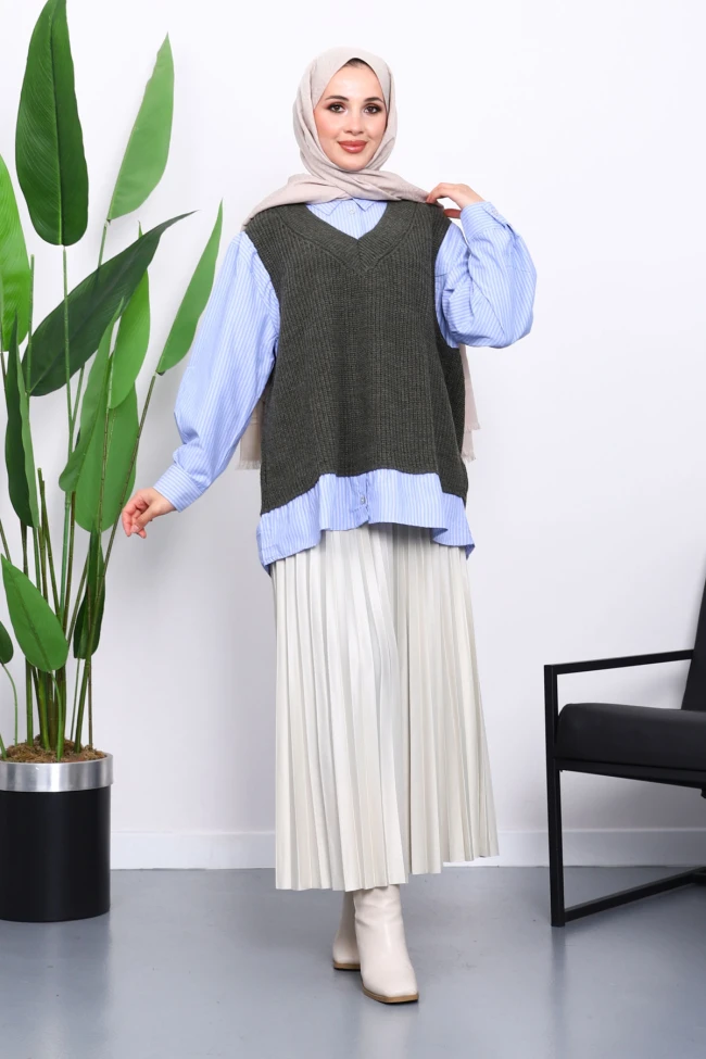 Haki Triko Garnili Gömlek