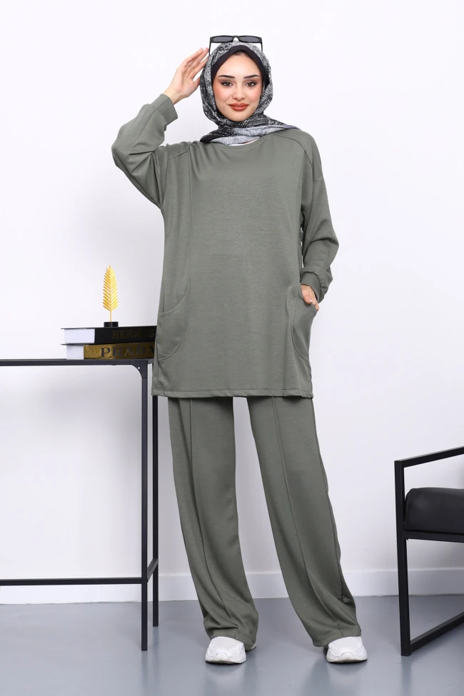 Haki Yan Cepli Omuz Parçalı Alt Çımalı Modal Takım