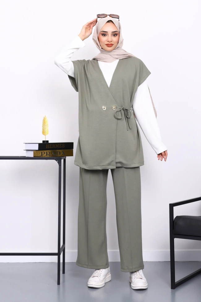 Haki Yelekli Tunik Pantolon Üçlü Takım
