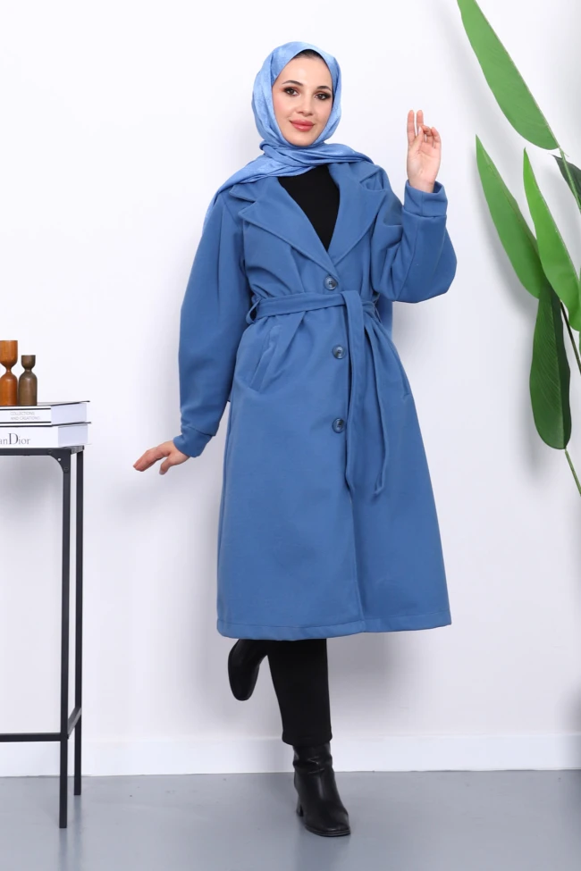 İndigo Balon Kol Bel Kemerli Kaşe Kaban