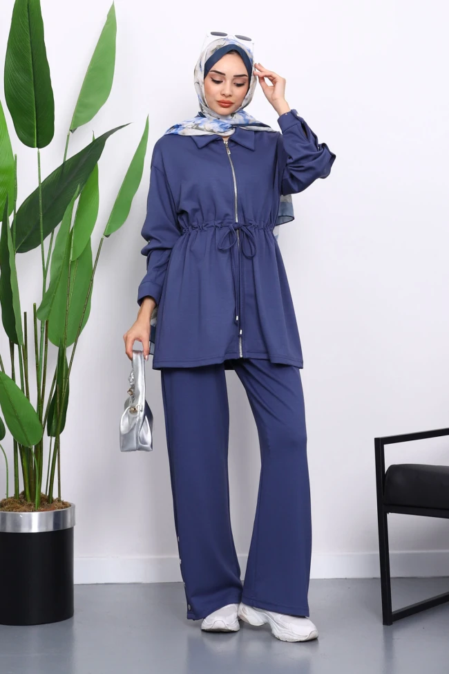 İndigo Çıtçıt Detaylı Tunik Pantolonlu Modal Takım