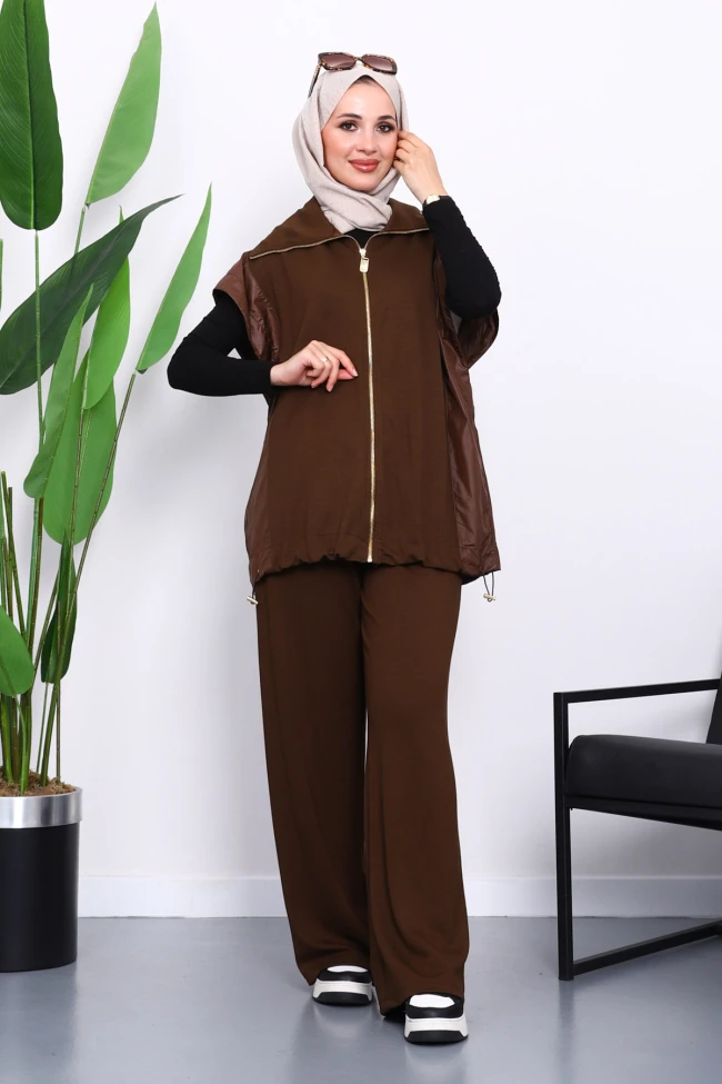 Kahve Fermuarlı Tunik Pantolonlu Takım