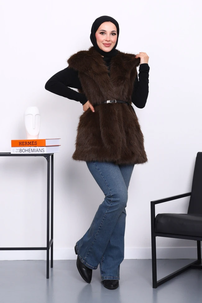 Kahverengi Astarlı Kemerli Kürk Yelek