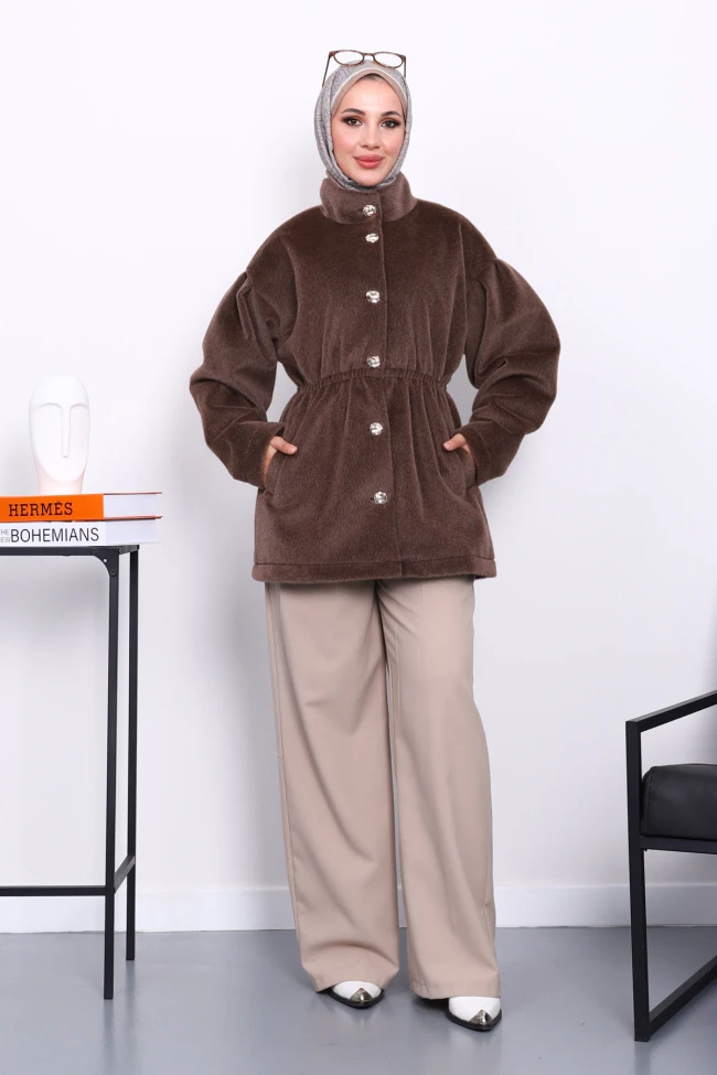 Kahverengi Bel Lastikli Düğmeli Kaşe Kaban