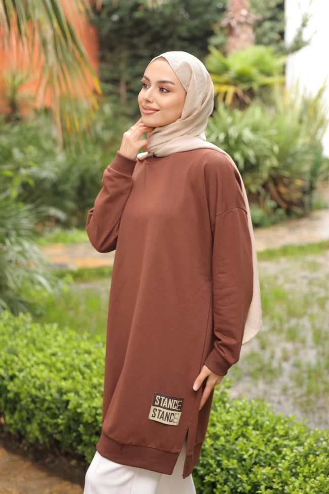 Kahverengi Bisiklet Yaka Armalı Tunik